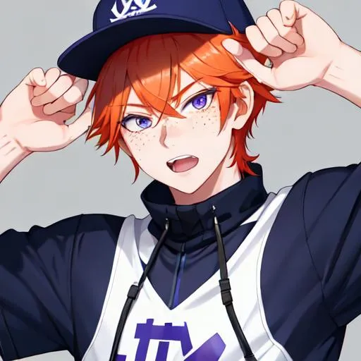 Prompt: Erikku male (short ginger hair, freckles, right eye blue left eye purple) muscular, UHD, 8K, Highly detailed, insane detail, best quality, high quality. wearing a sideways baseball cap, streetwear