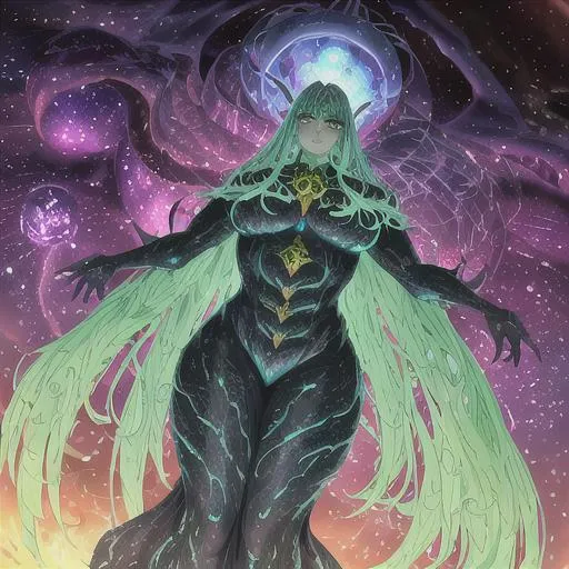 Prompt: Galathulhu is a character that combines the cosmic power of Galactus and the eldritch horror of Cthulhu. Its design is a terrifying amalgamation of cosmic and Lovecraftian elements, creating an otherworldly and awe-inspiring appearance.

Galathulhu stands colossal in size, towering over entire galaxies. Its body is an amalgam of cosmic energy and tentacles, resembling the cosmic devourer Galactus, but with a distinct Cthulhu influence. Its form is constantly shifting and undulating, giving it an ethereal and nightmarish presence.

The color scheme of Galathulhu is a blend of dark purples and blues, representing the vastness of space and the depths of the ocean. Its eyes glow with a malevolent cosmic energy, while its tentacles writhe and pulse with an otherworldly aura.