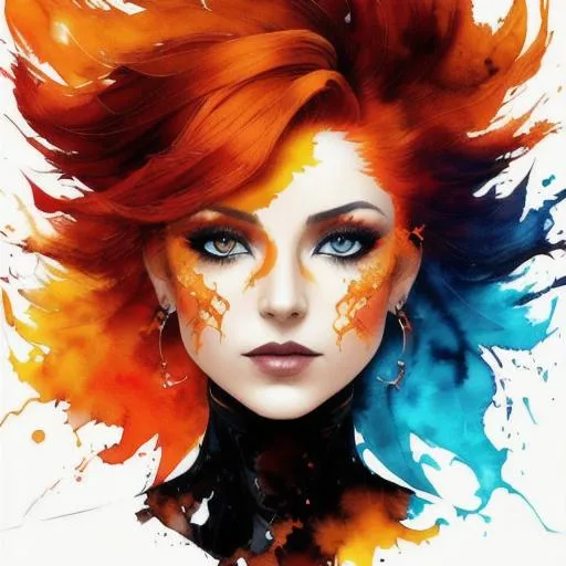 Prompt: a half body portrait of a woman as made of fire, dark orange hair depicting like fiery flames, orange and blue flame, dark smoke in the backgrouns, fiery sparks all over, D&D, Diablo, natural body posture, lava, Art by Alberto Seveso, symmetrical, abstract artstyle, intricate complex watercolor painting, sharp eyes, digital painting, color explosion, concept art, voluminetric lighting, metallic reflections, by TanvirTamim, 2d render, 8k. by artgerm, trending on artstation