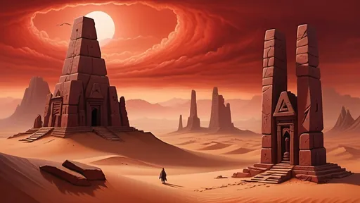 Prompt: ancient walled city in foreground, darkest night, nightmare, carved alien symbols on stone pylons, ancient megalith architecture, no trees, no bushes, no grass, no leafy vegetation, rocky desert alien planet setting, rocky mountainous region, in the style of frank herbert's dune, stormy night sky filled with red clouds, dust haze, red fog, sand storm, highly detailed, photo-realistic, hyper-real