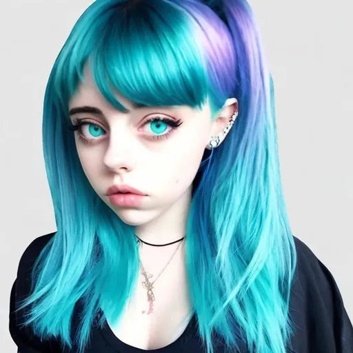 Prompt: A girl with Billie Eillish hair but teal anime cool coulours