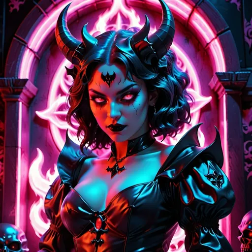 Prompt: beautiful female demon, hell, demonic, gothic, vaporwave, retro, neon, aesthetic, liminal, high quality, high definition, beautiful, dramatic lighting