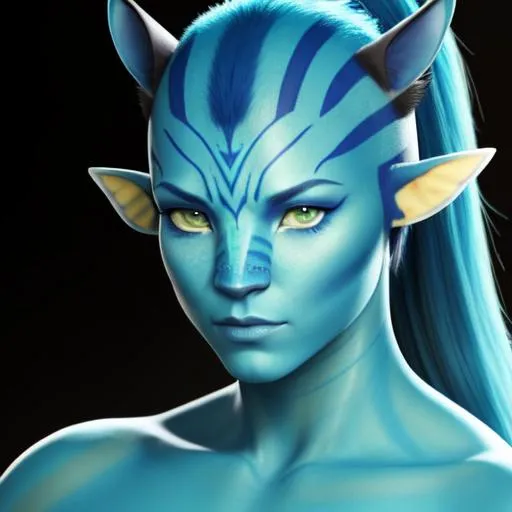 Prompt: full portrait face, pose hunting, Na'vi from Avatar movie, blue skin with cyan stripes