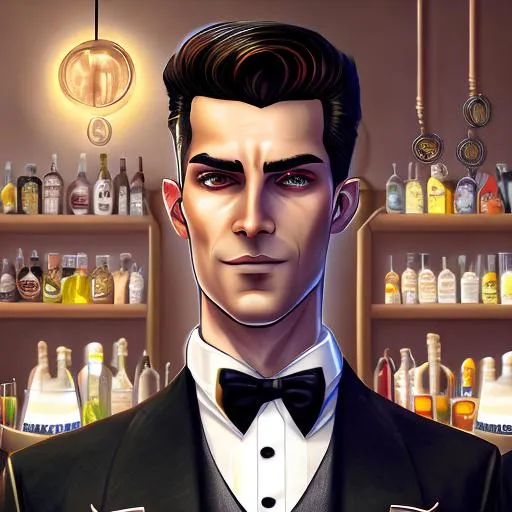 Prompt: Digital art, epic perspective, a modern cafe art rendition of a very handsome and dapper man, clean cut with longish dark brown hair and beautiful hazel eyes, wearing a striped, 1940’s inspired, zoom suit, seated at a bar, the man is remarkably beautiful in face and form with modern 2023 styled, silky, dark emo hair with a martini in his hand. Hyper detailed, mood lighting, in the style of Jack Vettriano