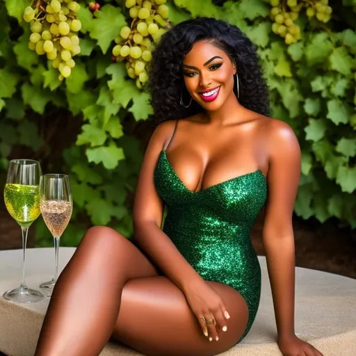 Prompt: full body, (an attractive African American woman), (gorgeous face, glossy lips). (Big Breasts), green glitter, grapes vine garden, glass of wine, 