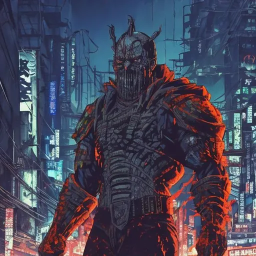 Prompt: muscular face-masked villain. Blood spatters. Very Dark image with lots of shadows. Background partially destroyed neo Tokyo. Noir anime. Gritty. Dirty. Blue and orange Neon accents. Armour