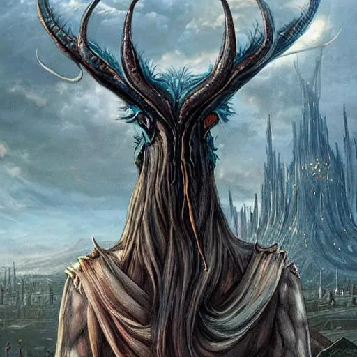 Prompt: distant elden ring misbegotten misbegotten fantasy art creature feathers horns landscape overlooking city