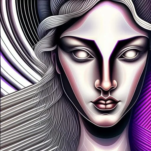 Prompt:  Geometric background backlit in the style of Alex Grey,  In the foreground is a beautiful woman, in the style of Botticelli, Gray hair with blood stains, Gray-colored eyes, haunting look, sharp teeth, art deco style, 
