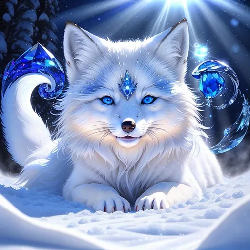 Prompt: (masterpiece, highly detailed oil painting, best quality, 3D, UHD), white fox-wolf, bashful hypnotic (sapphire-blue eyes), 8k eyes, lying in the snow, thick glistening frosted deep blue fur, thick lavish blue mane, emanating with blue aura, fluffy fox ears, white sparkles, sunlight beams, by Anne Stokes, artstation, featured on deviantart,
icon for an ai app,
detailed smiling face, looking at camera, Yuino Chiri, kitsune, header text, yee chong silverfox, beaming sunlight, extremely beautiful, lazy, (plump:2), insanely beautiful portrait, epic digital rendering, professional, symmetric, golden ratio, unreal engine, depth, volumetric lighting, rich oil medium, (brilliant auroras), (ice storm), full body focus, beautifully detailed background, cinematic, 64K, UHD, Yuino Chiri, intricate detail, high quality, high detail, masterpiece, intricate facial detail, high quality, detailed face, intricate quality, intricate eye detail, highly detailed, high resolution scan, intricate detailed, highly detailed face, very detailed, high resolution, perfect composition, epic composition