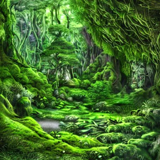 Prompt: A mossy forrest with a cave I
And big luscious green trees hyper realistic 