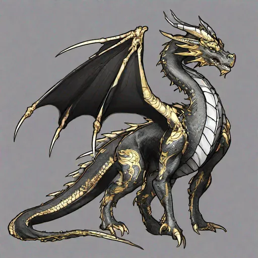 Prompt: Concept designs of a dragon. Full dragon body. Dragon has four legs and a set of wings. Side view. Coloring in the dragon is predominantly black with light golden streaks and details present.