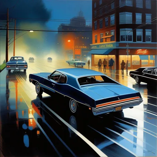 Prompt: 1970s Seattle, car chase, rain, fog, dark blue atmosphere, cartoony style, extremely detailed painting by Greg Rutkowski and by Henry Justice Ford and by Steve Henderson