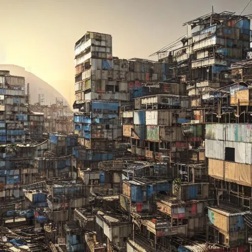 Prompt: informal settlement, favelas, vertical slums, scaffold, stacked shipping containers in a steel exoskeleton, recycled materials, glass, cardboard, style of Archigram, cinematic lighting, cityscape, very detailed, high quality, 8k, unreal engine

