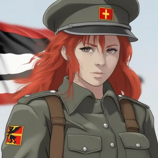 Prompt: A red-haired, female German KSK soldier. The GDR (German Democratic Republic) flag is behind her in the background. (anime)