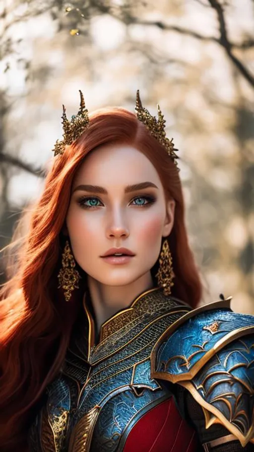 Prompt: Create a photograph of a beautiful fictional female human that is a dragon knight, with beautiful red dragon  armor, red hair, sword in hand and crown in head, extremely, detailed environment, detailed background, intricate, detailed skin, natural colors , professionally color graded, photorealism, 8k, moody lighting
