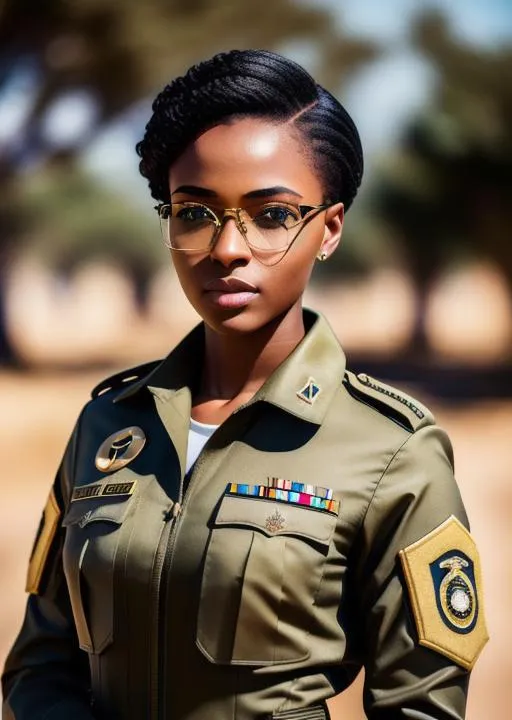 Prompt: A young beautiful army,20 years old ukraine african female,elegant short hair,pretty eyes,glossy lips,army suit,wearing glasses,focus,cool pose,cinematic lighting,golden hour photography,army base,64k,UHD,highly realistic,ultra realistic,dynamic potrait,cinematic,photorealistic,