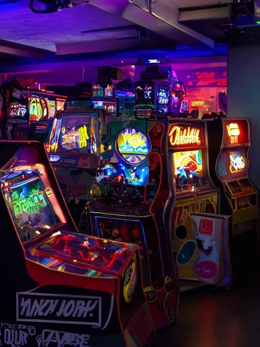 A wide view of an empty retro arcade with one machin... | OpenArt