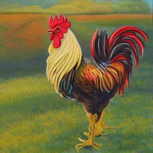 Prompt: rooster on a farm realistic painting





