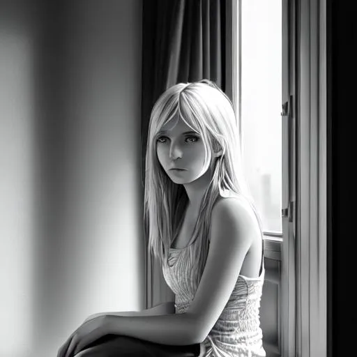 Prompt: ultra Realistic black and white photograph of a sad beautiful european blonde girl sitting by the window
