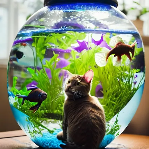 Prompt: Cat looking at betta fish in a round fishbowl on a table in a flower field
