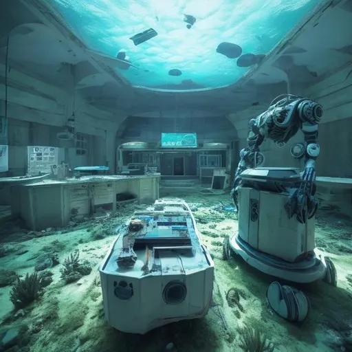 Prompt: Abandoned underwater sci fi laboratory with flickering computer screen and robots