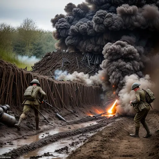 Prompt: Gruesome picture of two british WW1 soldiers in a muddy trench being bombarded by artillery shells which explode very close to the soldiers sending black plumes of smoke, debris, dirt and fragments of metal into the air