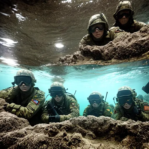 Prompt: Modern Military troops in a trench underwater. photo.