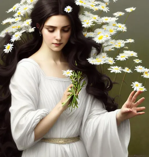 Prompt: philomena, patron saint of mental health, beautiful, dark hair, long hair, white dress, sleeve, holding a palm with daisies, saint, gorgeous, amazing, elegant, intricate, highly detailed, digital painting, artstation, concept art, sharp focus, illustration, art by artgerm and greg rutkowski and alphonse mucha