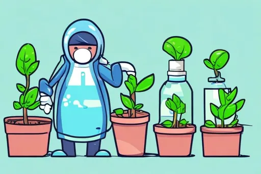 Prompt: chemicals (personification) are protecting the plants, cute cartoon style