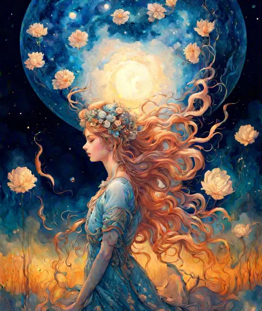 Prompt: Celestial melodies weave through the night, a symphony of art and Beauty. Art by Artgerm, Arthur Rackham, Conrad roset, Josephine Wall, jean auguste dominique ingres, mucha, Laura sava, Stephen Gibb. Best quality, high definition, Super clear resolution, iridescent watercolors Ink. Super extremely detailed and beautiful, 3d, intricate, high definition