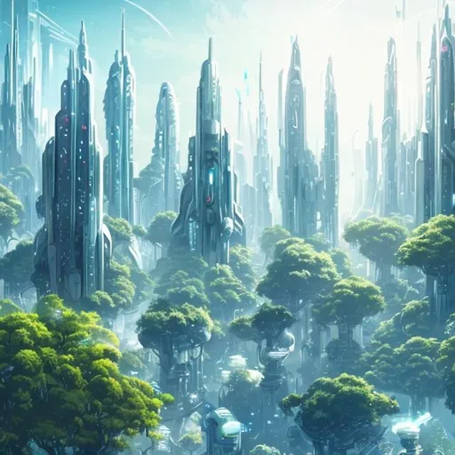 Prompt: Futuristic City White Tall Towers Lush Green Overgrown Plants Light Blue Sky High with many big white spaceships