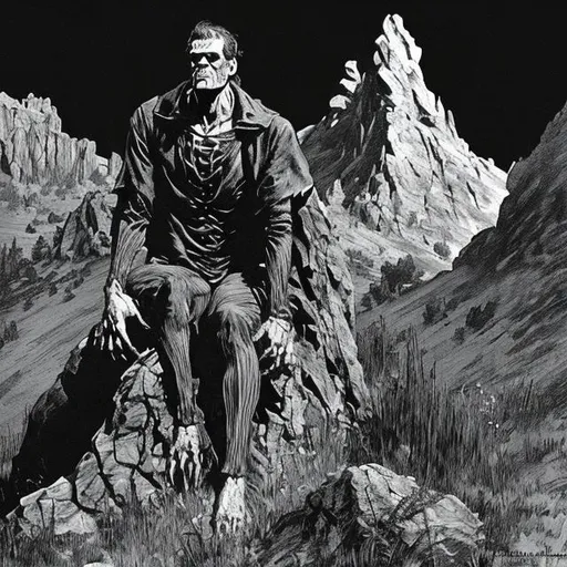 Prompt: Frankenstein sitting on a hill. Black & White, gothic, impressionism, bernie wrightson.