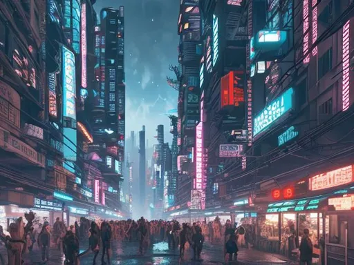 Prompt: Cyberpunk city  realistic crowded with people and robots 20k 