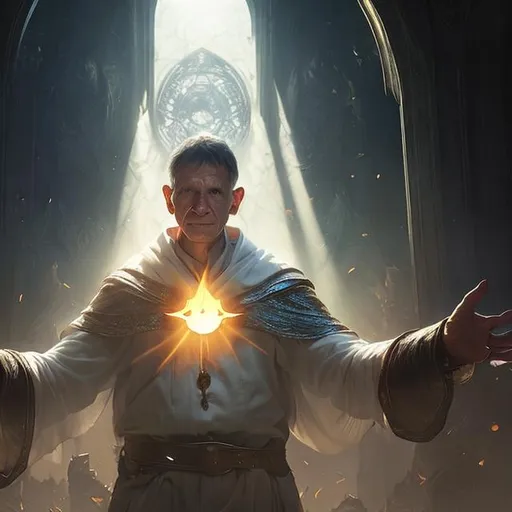 Prompt: cleric, priest, human, portrait, sunlight, god rays, digital art, fantasy art, octane render, unreal engine, high detail, very realistic, by greg rutkowski. by james gurney