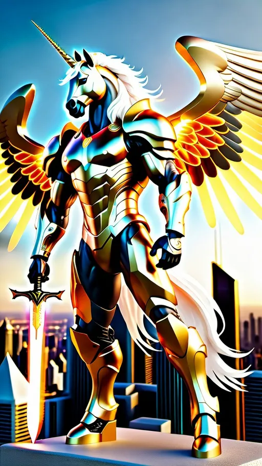 Prompt: an anthropomorphic bipedal winged unicorn stallion in golden futuristic body armor holding a flaming sword in his right hand standing upright over a futuristic city,  huge wingspan, glowing white eyes, long wavy white mane and tail hair, long forelocks from forehead flow into his face, muscular masculine physique, 8k, full body detailed, wide angle shot, photo realistic, hyper detailed, professional, GFP-GAN