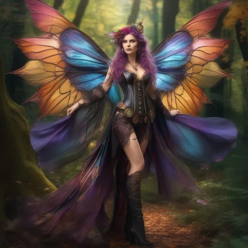 Prompt: Epic. Cinematic. Shes a (colorful), Steam Punk, gothic, witch. spectacular, Winged fairy, with a skimpy, (colorful), gossamer, flowing outfit, standing in a forest by a village. ((Wide angle)). Detailed Illustration. 8k.  Full body in shot. Hyper real painting. Photo real. An (extremely beautiful), shapely, woman with, ((anatomically real hands)), and (vivid), colorful bright eyes. A (pristine) Halloween night. (Concept style art). 