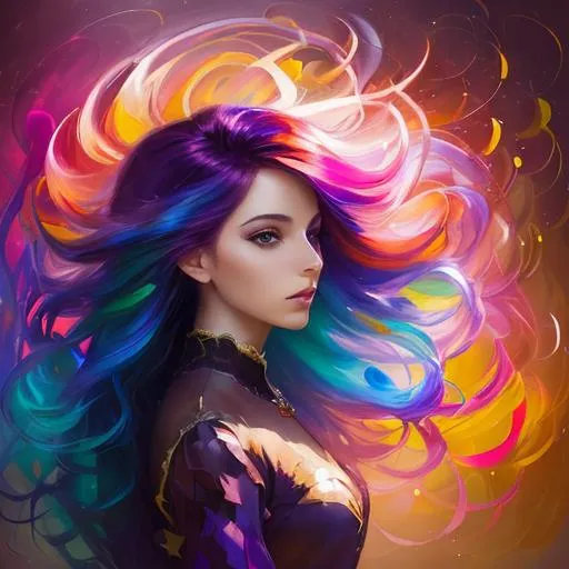 Prompt: A beautiful, mysterious and colourful woman with magical hair in a painted in the style of Leonid Afermov's paintings profile picture