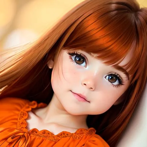 Prompt: baby  girl with very light auburn hair and big hazel eyes wearing a orange dress, closeup