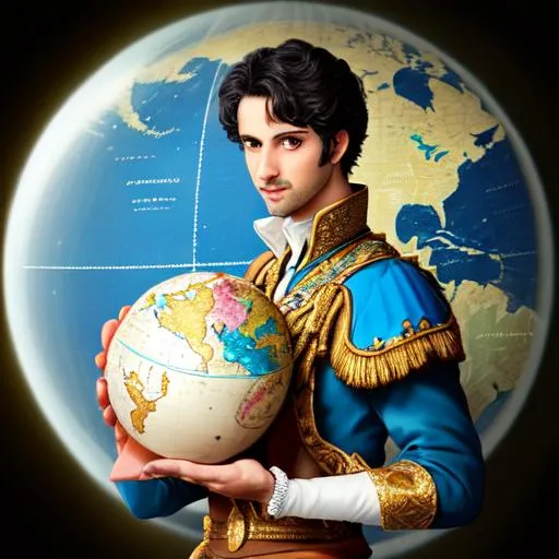 Prompt: A 33 years old prince is holding the ultrarealistic globe in his hands. Photorealistic.