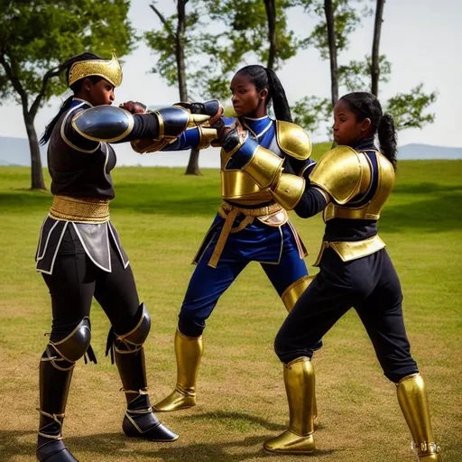 Prompt: (Hyperrealistic highly detailed sharp full body photography of an ebonian woman master-at-arms training and sparring with young students)
Beautiful, mature, strong-willed,  protector, benevolent, skilled athletic, strong, golden headband, traditional light leather armor. Shining swords. Old stone barracks. Tribal style.