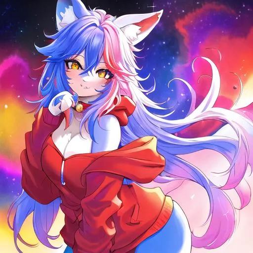 Prompt: A dreamlike state of color clean lines, pastel high contrast of an anthro fursona adult female furry red fox wearing a purple cozy hoodie with constellations adorning the sleeves who's rainbow and in the light, main color red and blue, surface like an oil spill,  high detail, full animal, artstation, splash of color, dynamic lighting full body in frame