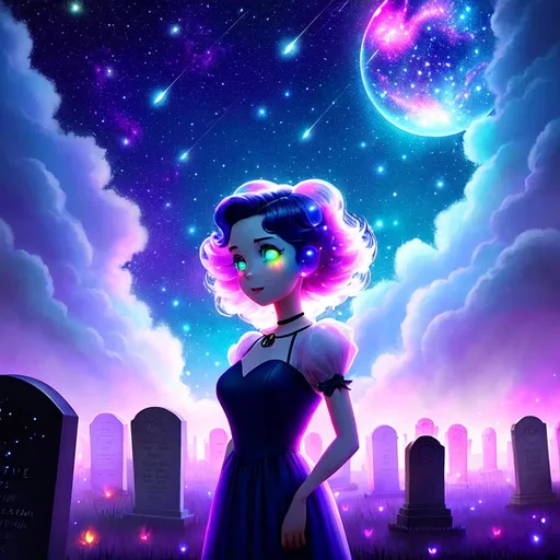 Prompt: Cute Pixar style painting, an adorable spirit woman, graveyard, midnight, translucent skin,  floating, nebula, galaxy, stars, fireflies, glowing eyes, glowing, Graves, cemetery, soft light, 4k, beautiful , gravestones,  vaporwave