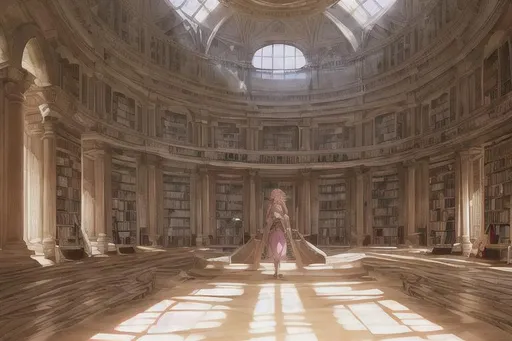 Prompt: Pink haired woman in roman attire, in an ancient enormous library, sunlight shadows, lot of books, painting, concept art, wide angle view