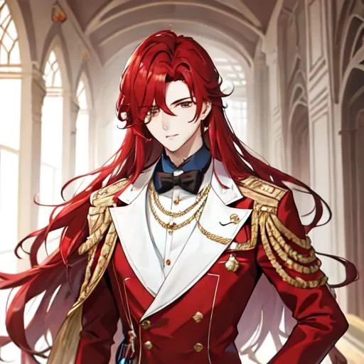 Prompt: Zerif 1male (Red side-swept hair covering his right eye) wearing a royal suit