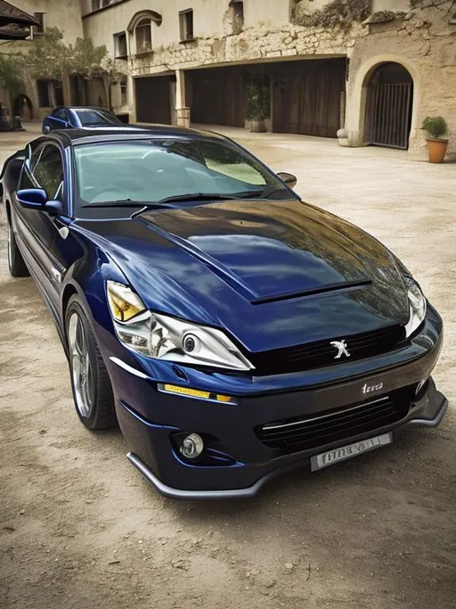 Prompt: Peugeot 407 merged with Mustang