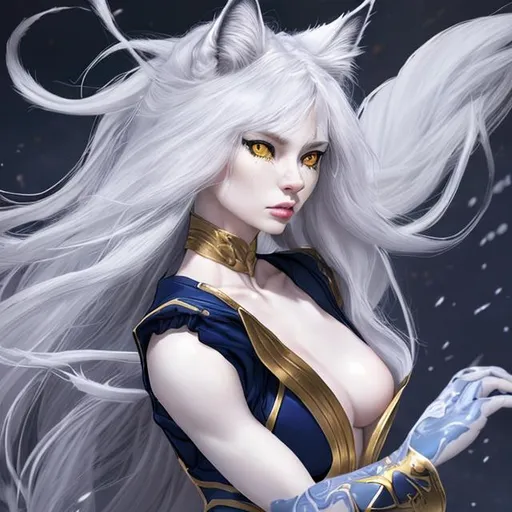 Prompt: A female neko in fighting pose, intricate facial detail, hyperrealistic full body pose, hyperrealistic ethereal, dark blue and long hair, white lynx ears, sharp jaw, hyperrealistic golden cat eyes , hyperrealistic human nose, hyperrealistic lips, ethereal, divine, hyperrealistic face, hyperrealistic pale skin, intricate eye detail, pale skin, highly detailed concept art, high resolution scan, hd octane render, intricate detailed, highly detailed face, unreal engine, trending on artstation, UHD, 8k, Very detailed
