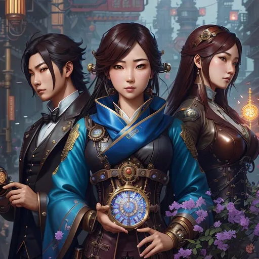 Prompt: steampunk asian kpop idol group, highly detailed, digital painting, artstation, hyperrealistic, sharp focus, illustration, art by artgerm and greg rutkowski and alphonse mucha, 8k, pretty eyes, award-winning cgi, blender, headshot