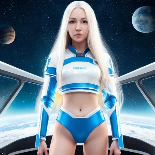 Prompt: girl with long legs,white long hair, showing her full body,blue eyes,chibi,beautiful face,hyperrealistic,ultradetailed,hyperdetailed,proper face,octane render,4K,UHD,Cinematic lightning,detailed starship interior background, huge window on the starship showing outer space behind character