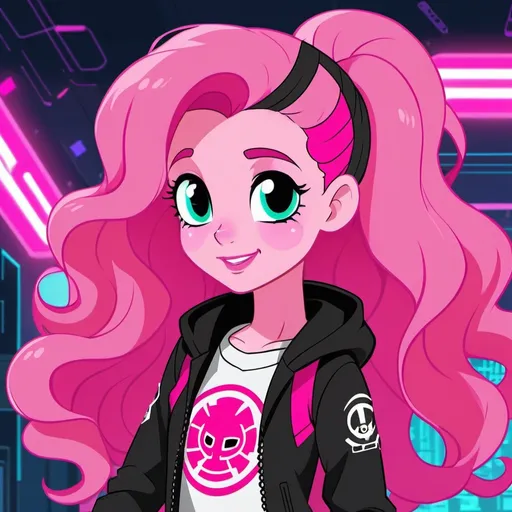 Prompt: cyberpunk equestria girls pinkie pie with pink skin wearing techno club clothes