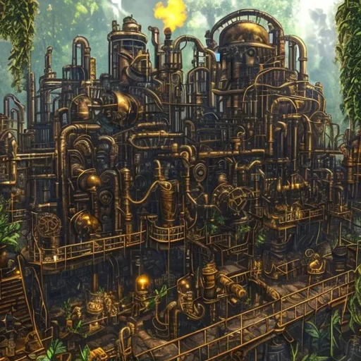 Prompt: steampunk factory in the jungle